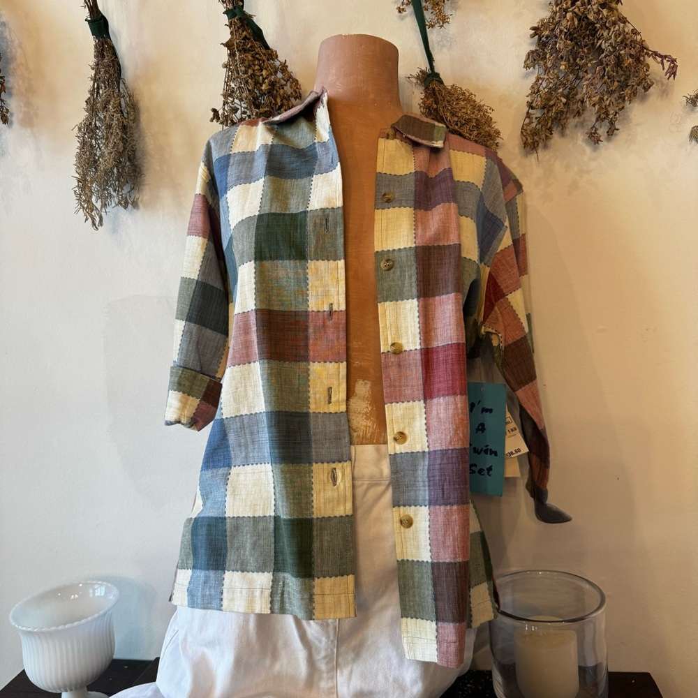 Green and Blue 3/4 Sleeve Button Down Shirt